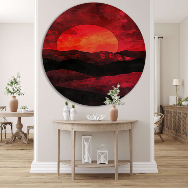 Abstracte zonsondergang met kleurrijk landschap aluminium muurcirkel