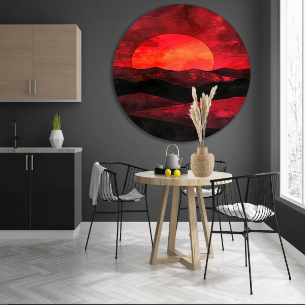 Abstracte zonsondergang met kleurrijk landschap aluminium muurcirkel