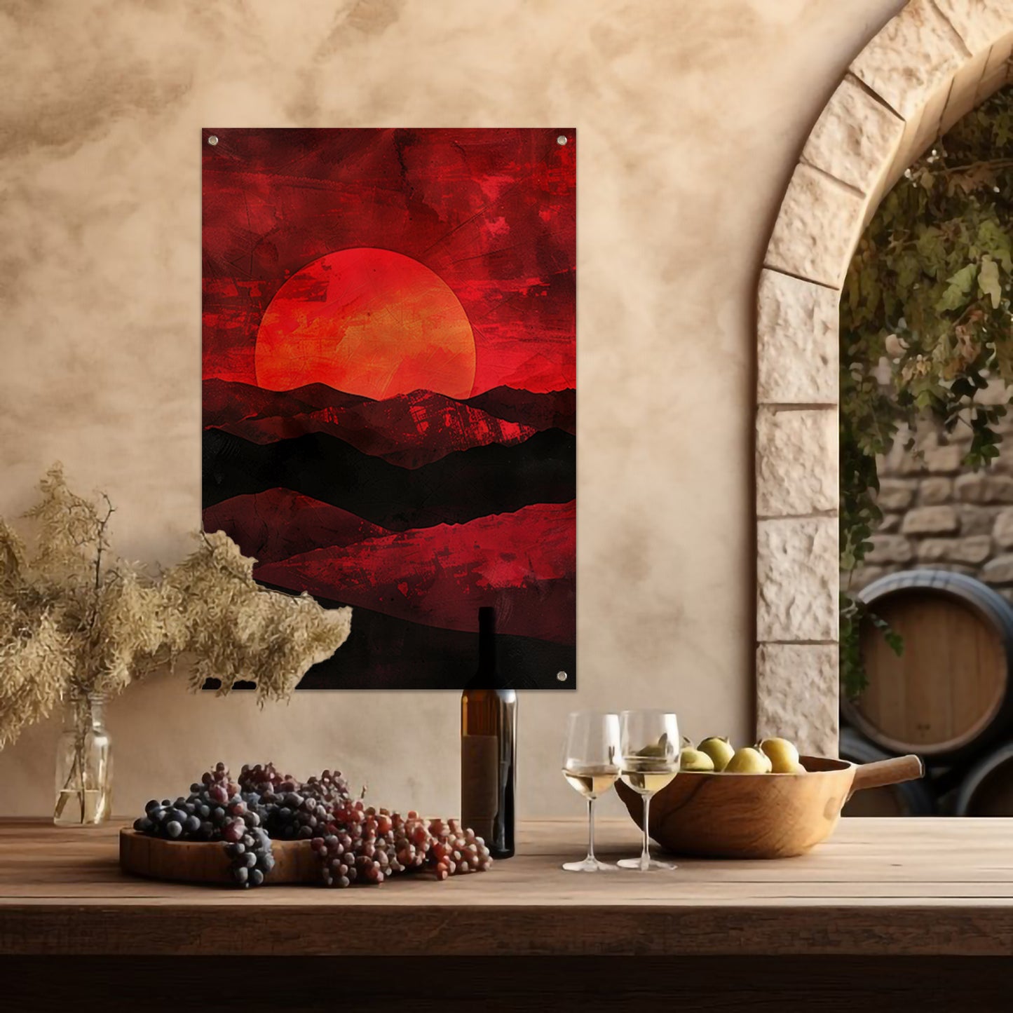 Abstracte zonsondergang met kleurrijk landschap tuinposter