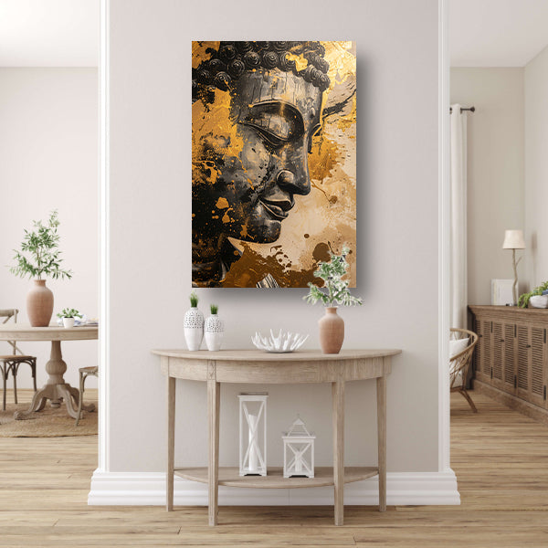 Abstracte interpretatie van Boeddha met gouden tinten poster