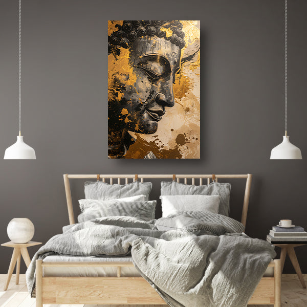 Abstracte interpretatie van Boeddha met gouden tinten poster