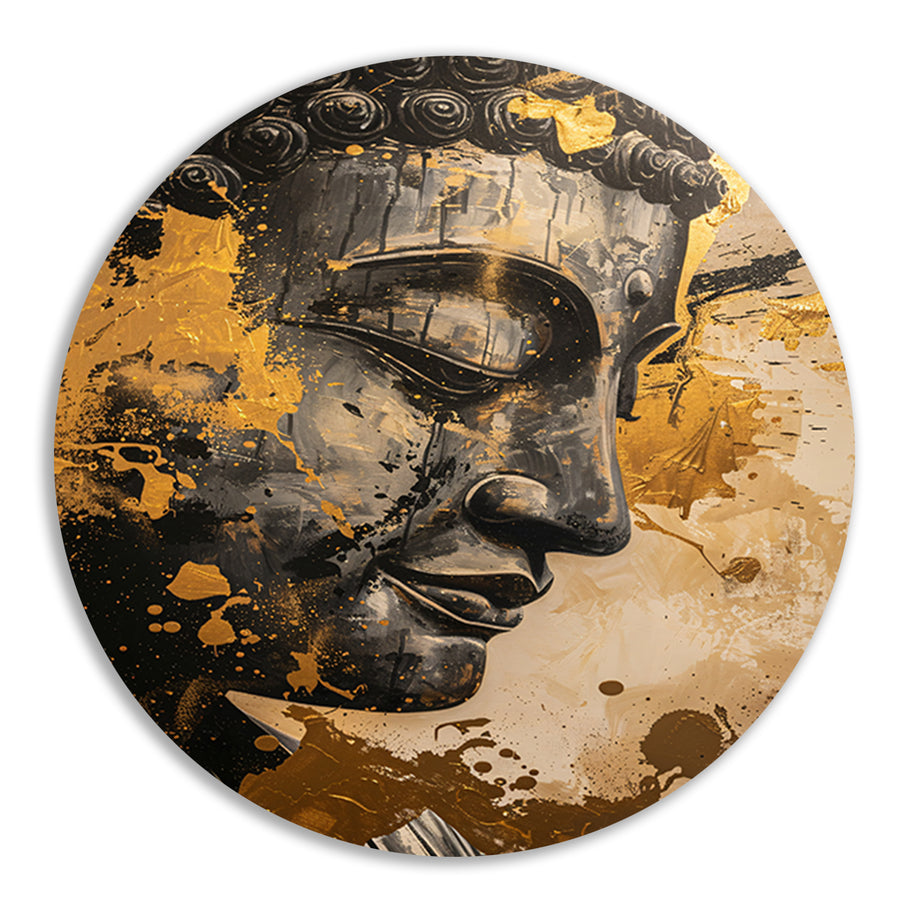 Abstracte interpretatie van Boeddha met gouden tinten aluminium muurcirkel
