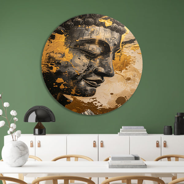 Abstracte interpretatie van Boeddha met gouden tinten forex muurcirkel
