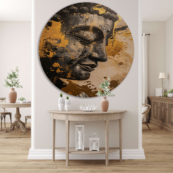 Abstracte interpretatie van Boeddha met gouden tinten forex muurcirkel