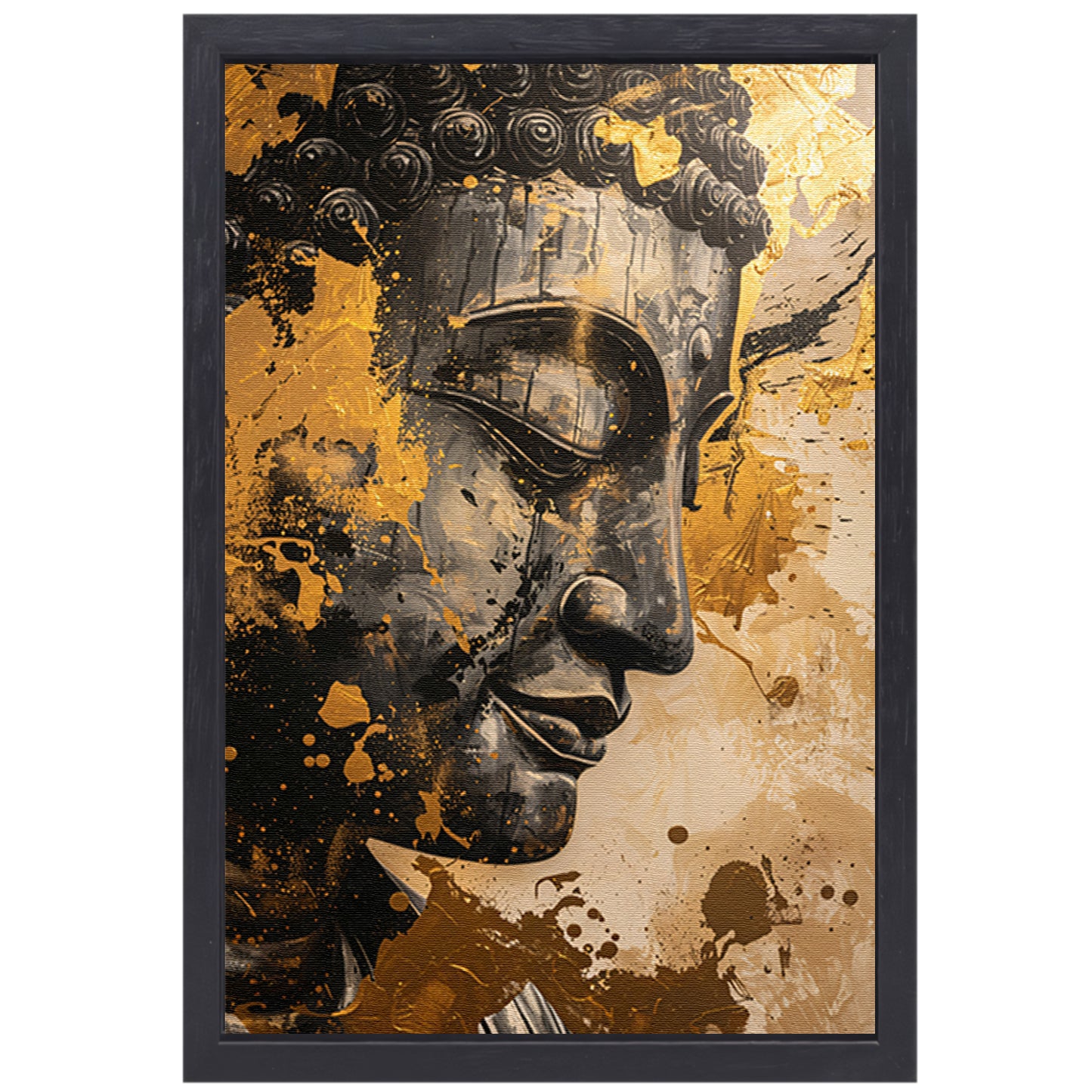 Abstracte interpretatie van Boeddha met gouden tinten canvas met baklijst