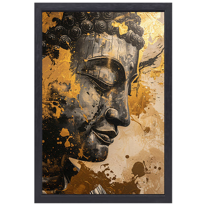 Abstracte interpretatie van Boeddha met gouden tinten canvas met baklijst