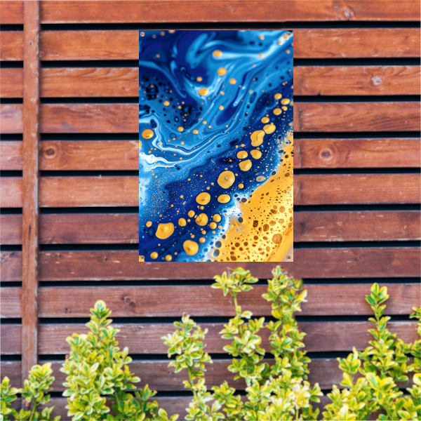 Blauwe en gouden abstracte schilderij tuinposter