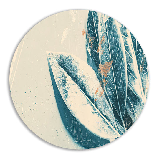 Abstracte blauwe bladeren aquarel kunstwerk aluminium muurcirkel