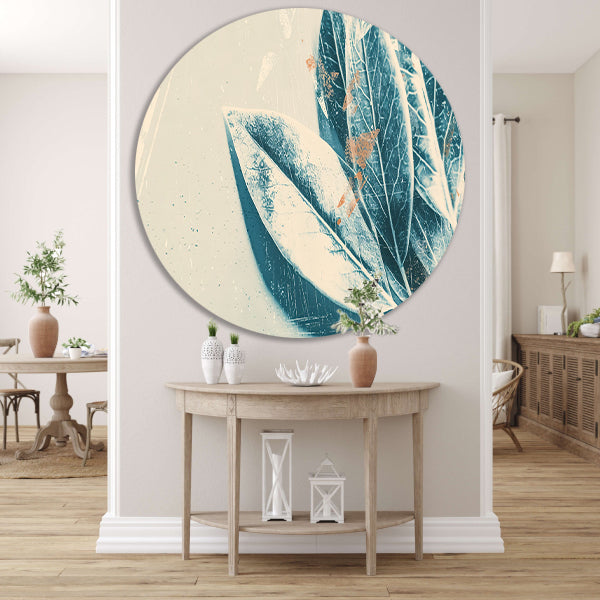 Abstracte blauwe bladeren aquarel kunstwerk aluminium muurcirkel