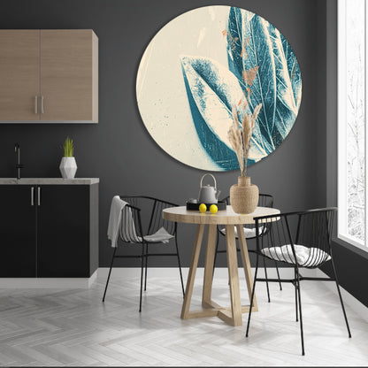 Abstracte blauwe bladeren aquarel kunstwerk aluminium muurcirkel
