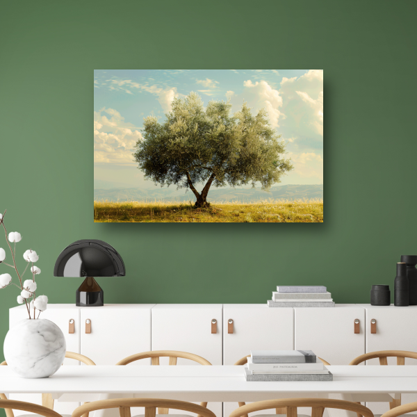 Eenzame boom in een veld canvas met baklijst