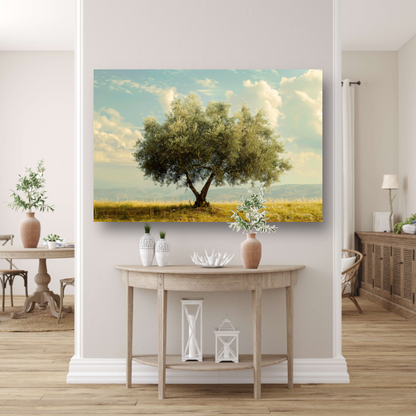 Eenzame boom in een veld canvas met baklijst