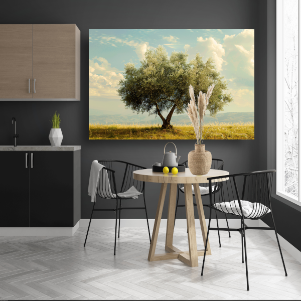 Eenzame boom in een veld canvas met baklijst