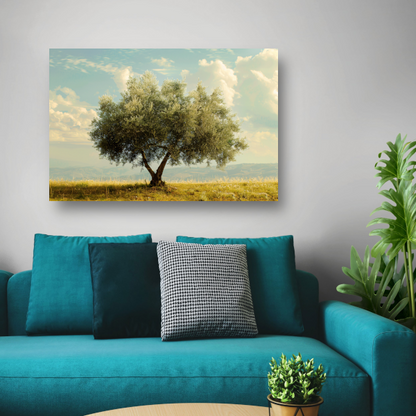 Eenzame boom in een veld canvas met baklijst