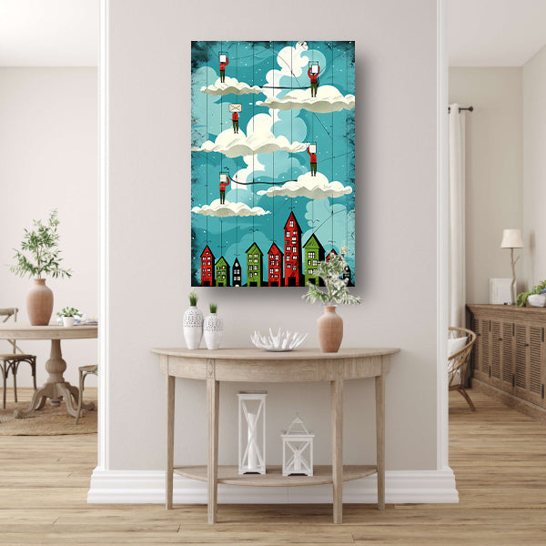 Zwevende figuren boven de stad canvas