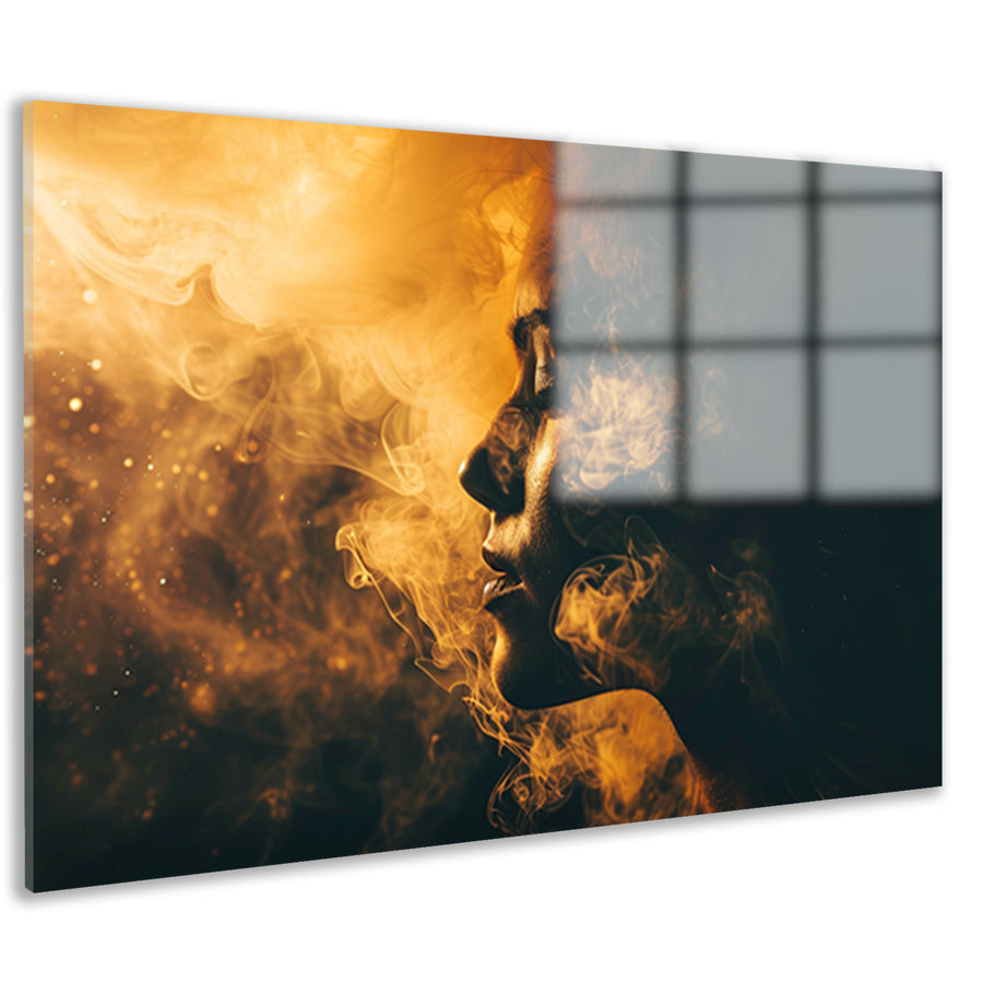 Gouden rook omhult vrouwelijk silhouet acrylglas