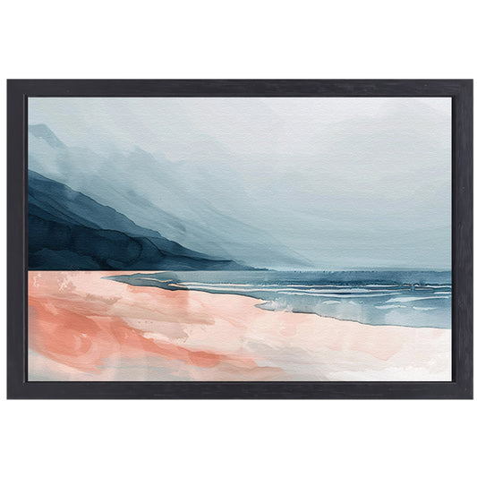 Abstract strandlandschap met bergen en mist canvas met baklijst