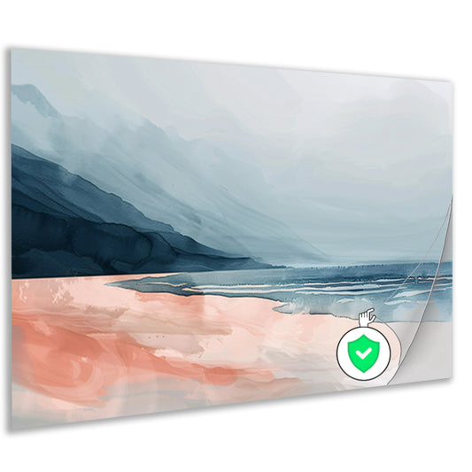 Abstract strandlandschap met bergen en mist poster