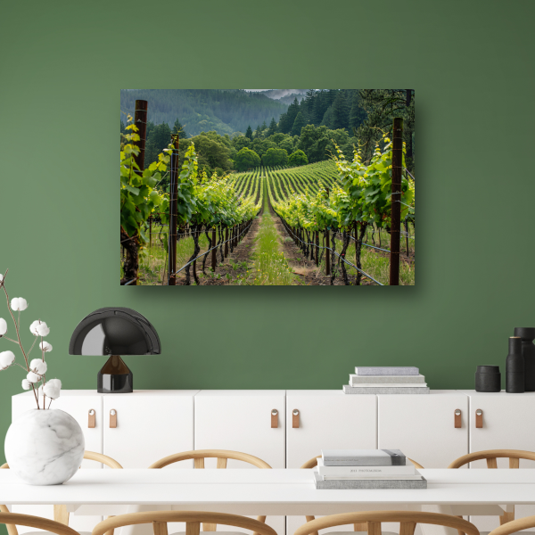 Wijngaard in de vallei met ochtendmist canvas