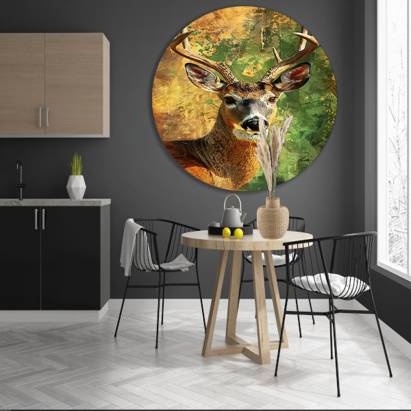 Dynamisch hertenportret met abstracte achtergrond aluminium muurcirkel