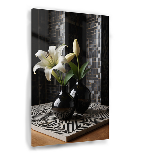 Stilleven met Lelies in Zwart-Witte Vazen Acrylglas