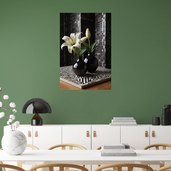 Stilleven met Lelies in Zwart-Witte Vazen poster