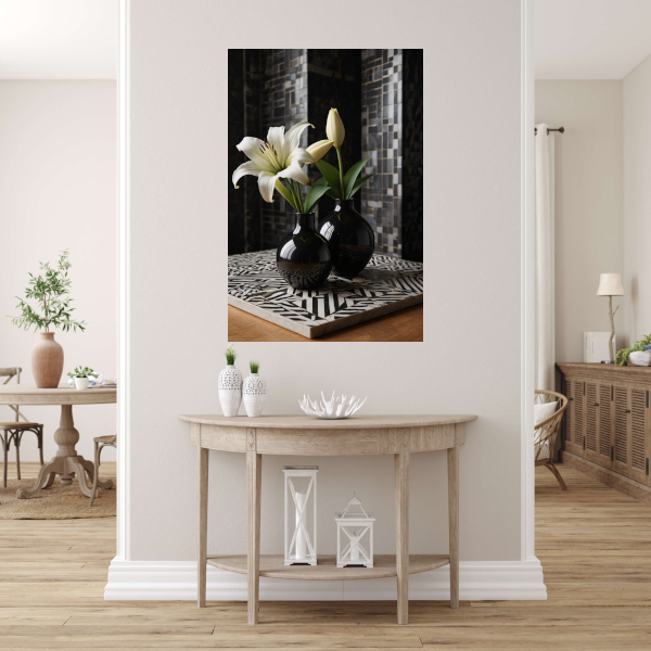 Stilleven met Lelies in Zwart-Witte Vazen poster