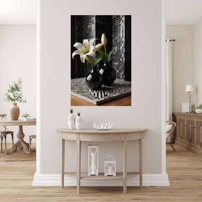 Stilleven met Lelies in Zwart-Witte Vazen poster
