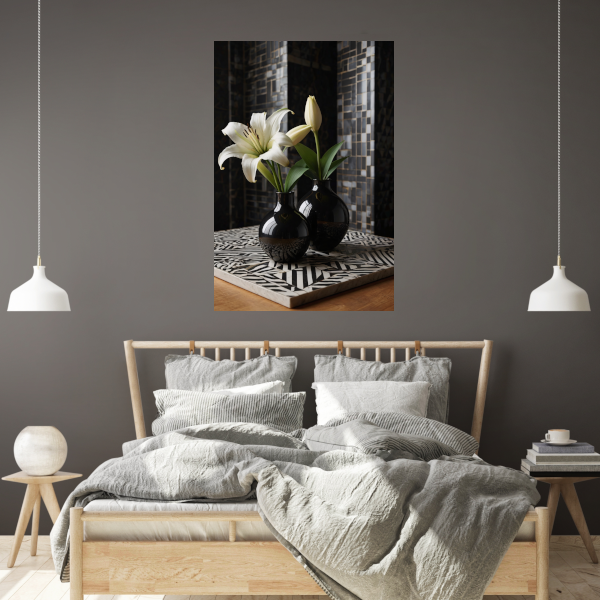 Stilleven met Lelies in Zwart-Witte Vazen poster
