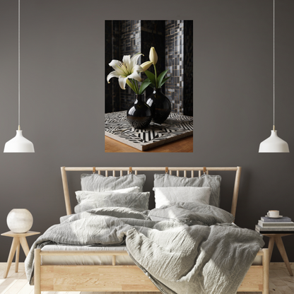 Stilleven met Lelies in Zwart-Witte Vazen poster