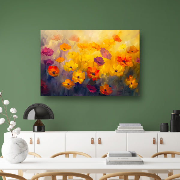 Abstract schilderij van kleurrijk bloemenveld canvas met baklijst