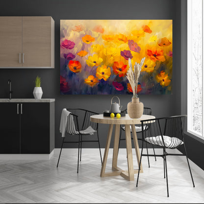 Abstract schilderij van kleurrijk bloemenveld canvas met baklijst