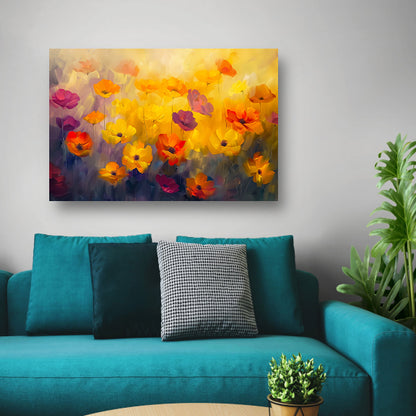 Abstract schilderij van kleurrijk bloemenveld canvas met baklijst