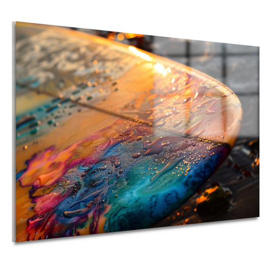 Kleurrijke Surfplank in Glinsterende Zee bij Zonsondergang acrylglas