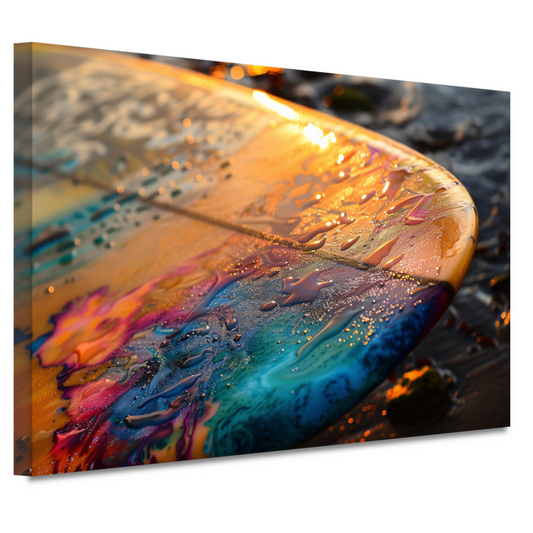 Kleurrijke Surfplank in Glinsterende Zee bij Zonsondergang canvas