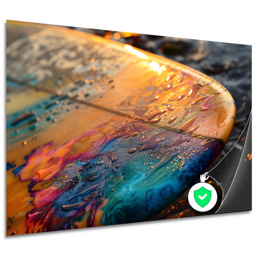 Kleurrijke Surfplank in Glinsterende Zee bij Zonsondergang poster