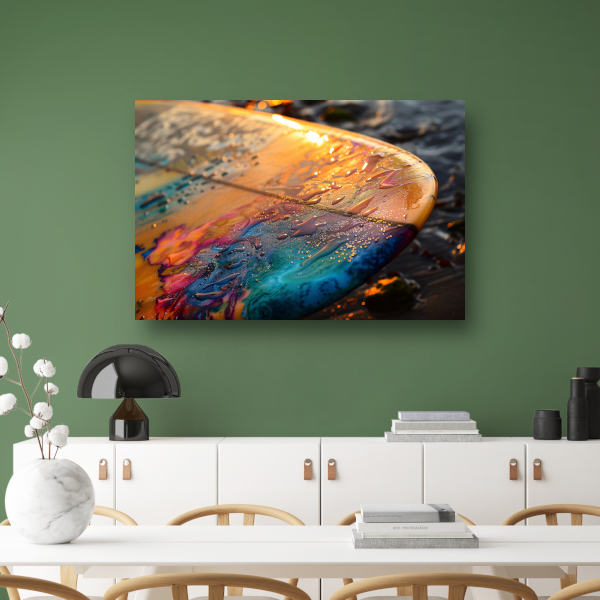 Kleurrijke Surfplank in Glinsterende Zee bij Zonsondergang canvas