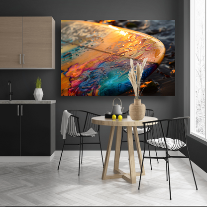 Kleurrijke Surfplank in Glinsterende Zee bij Zonsondergang canvas