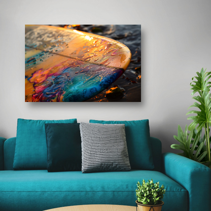 Kleurrijke Surfplank in Glinsterende Zee bij Zonsondergang canvas
