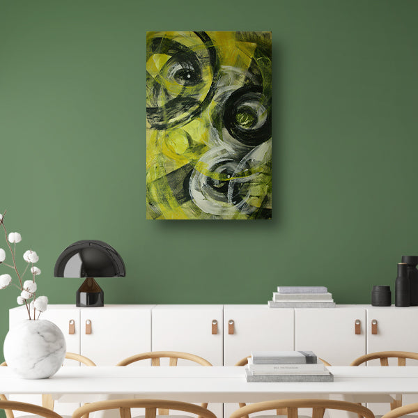 Dynamisch abstract schilderij met cirkels en kleuren canvas met baklijst