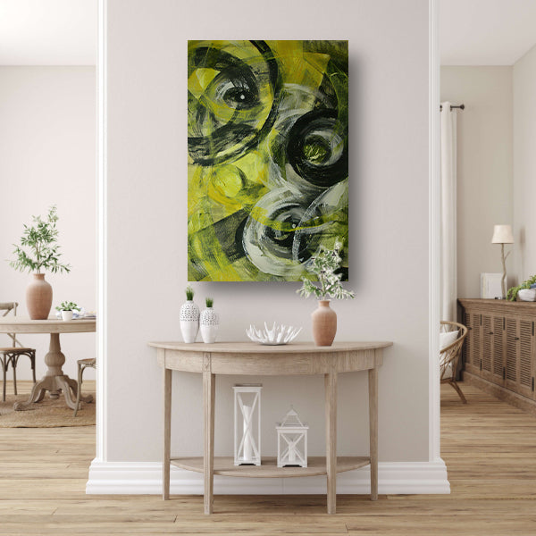 Dynamisch abstract schilderij met cirkels en kleuren canvas met baklijst