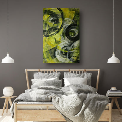 Dynamisch abstract schilderij met cirkels en kleuren canvas met baklijst