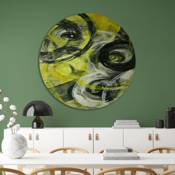 Dynamisch abstract schilderij met cirkels en kleuren aluminium muurcirkel