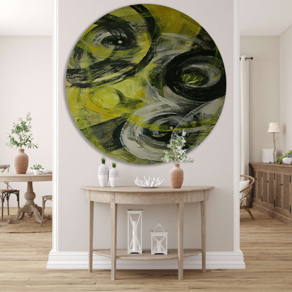 Dynamisch abstract schilderij met cirkels en kleuren aluminium muurcirkel