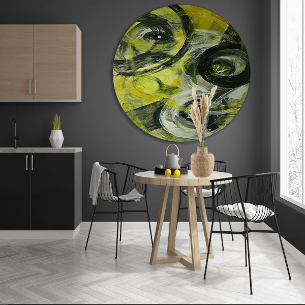 Dynamisch abstract schilderij met cirkels en kleuren aluminium muurcirkel