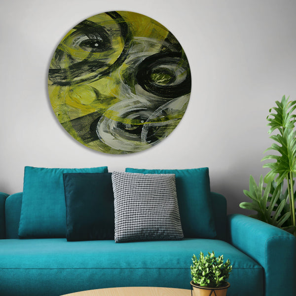 Dynamisch abstract schilderij met cirkels en kleuren aluminium muurcirkel