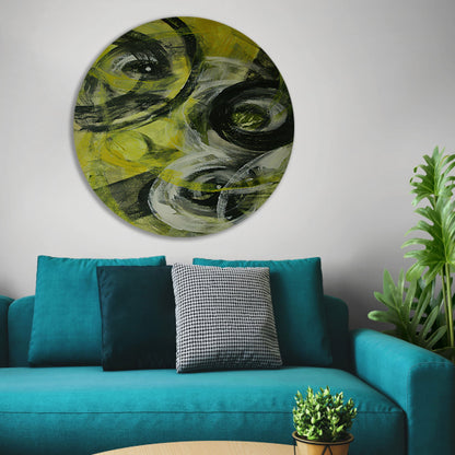 Dynamisch abstract schilderij met cirkels en kleuren aluminium muurcirkel