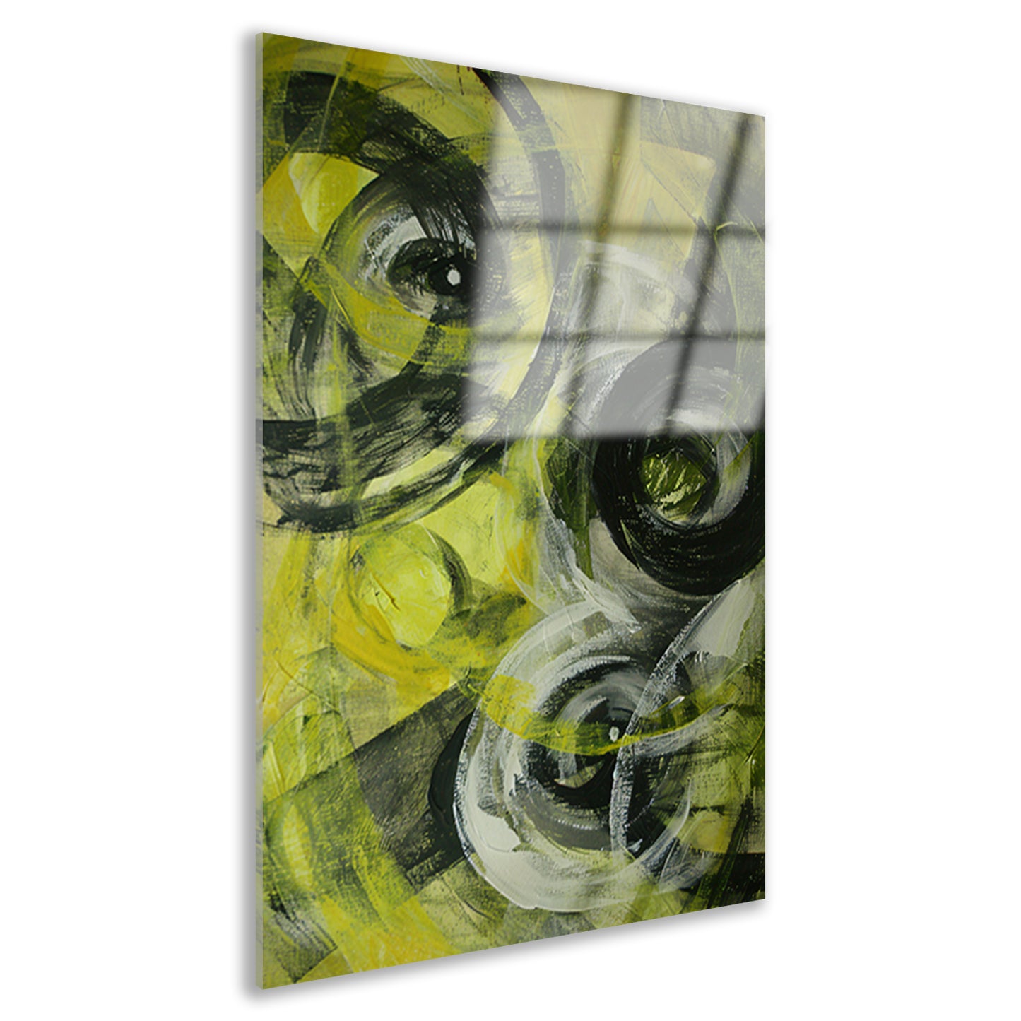 Dynamisch abstract schilderij met cirkels en kleuren acrylglas