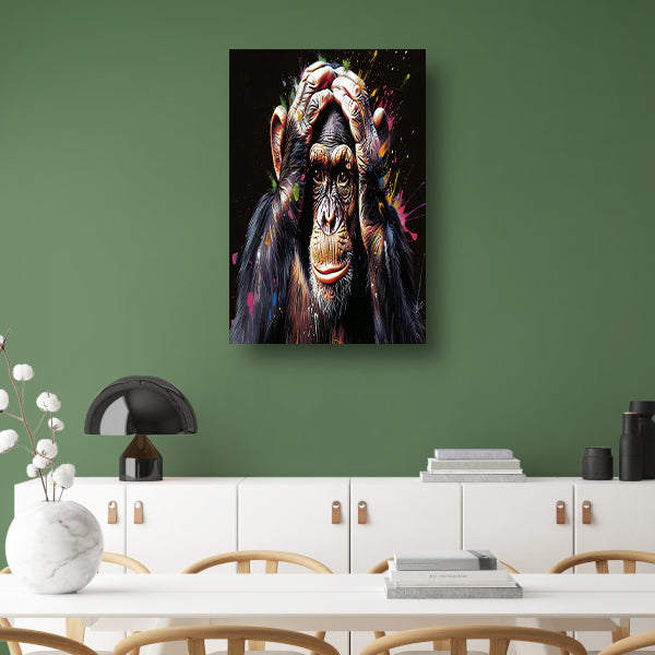 Realistisch schilderij van aap met kleurenexplosie acrylglas