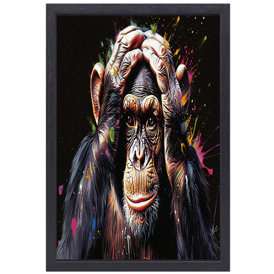 Realistisch schilderij van aap met kleurenexplosie canvas met baklijst